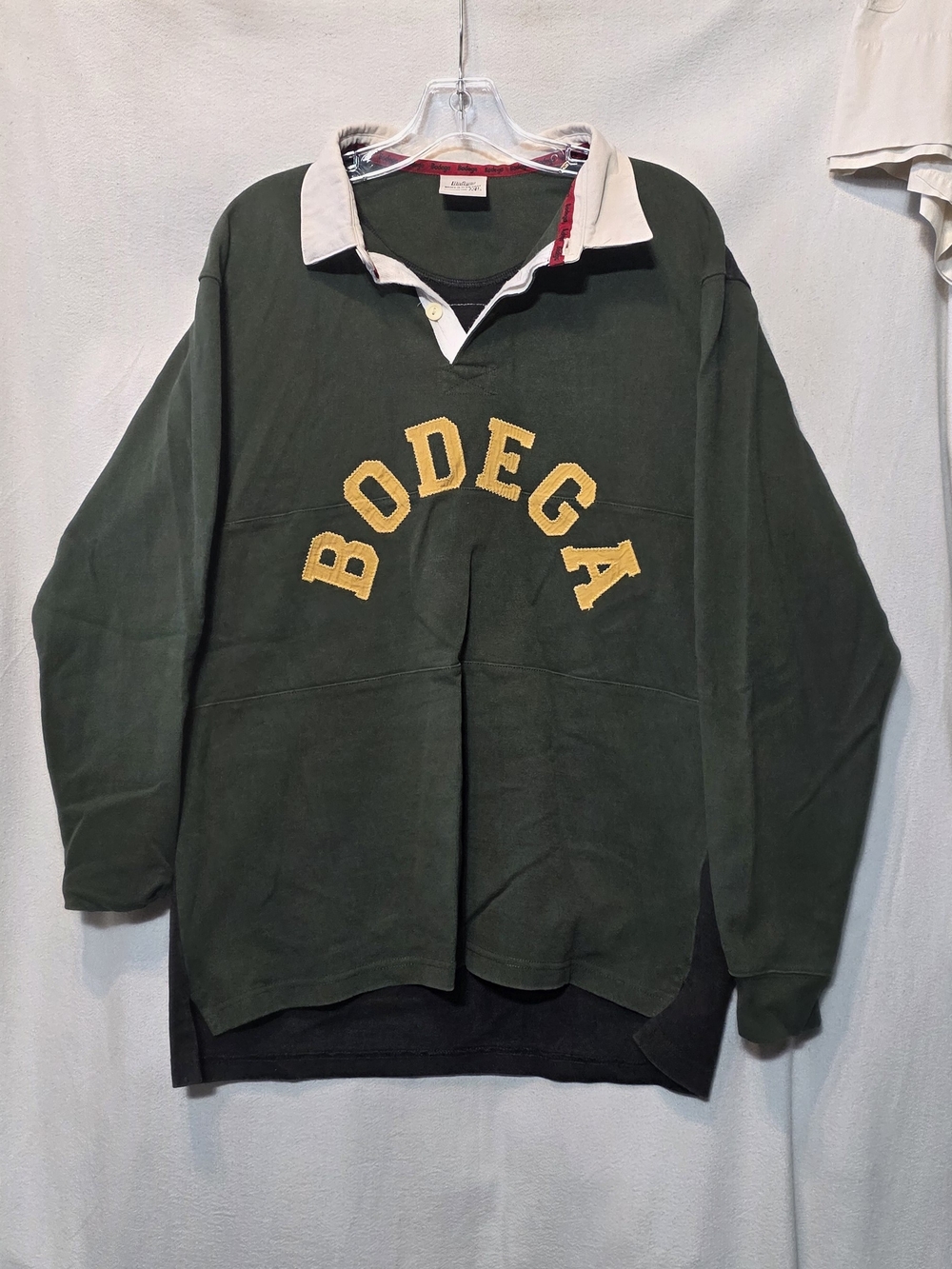 BODEGA Green And Black Rugby Pullover with Yellow Print Letters Size XL